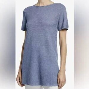 Eileen Fisher Open Weave Blue Short Sleeve Organic Cotton & Linen Sweater Tunic